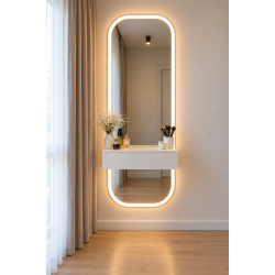 Masă de machiaj suspendată cu oglindă și iluminare LED frontală